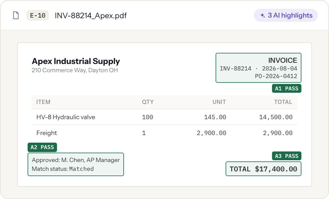 An invoice with AI highlight boxes marking pass and fail attributes