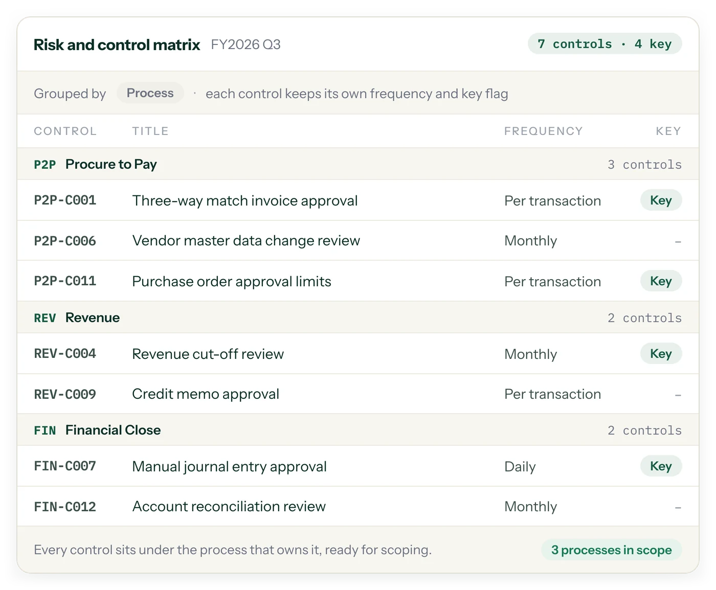 A risk and control matrix grouped by process, replacing spreadsheet-based SOX control lists