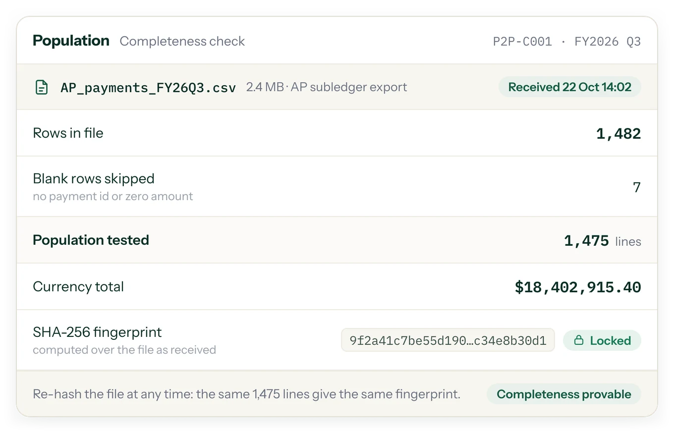 Evidence integrity: a population file locked with a SHA-256 fingerprint, with row count, blank rows skipped and currency total