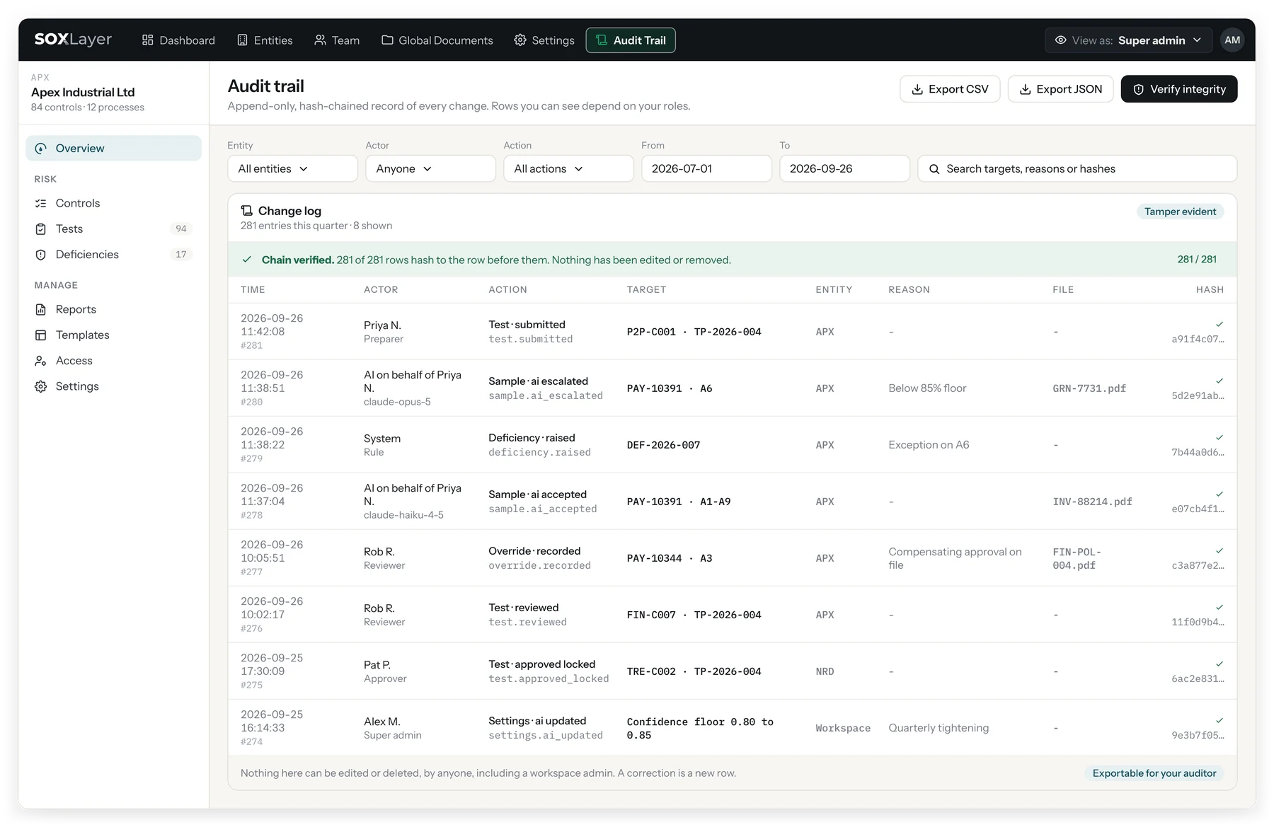 The audit trail: an append-only, hash-chained change log with filters, exports and a verified chain