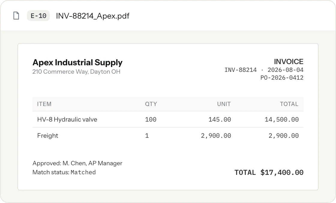 An invoice with AI highlight boxes marking pass and fail attributes