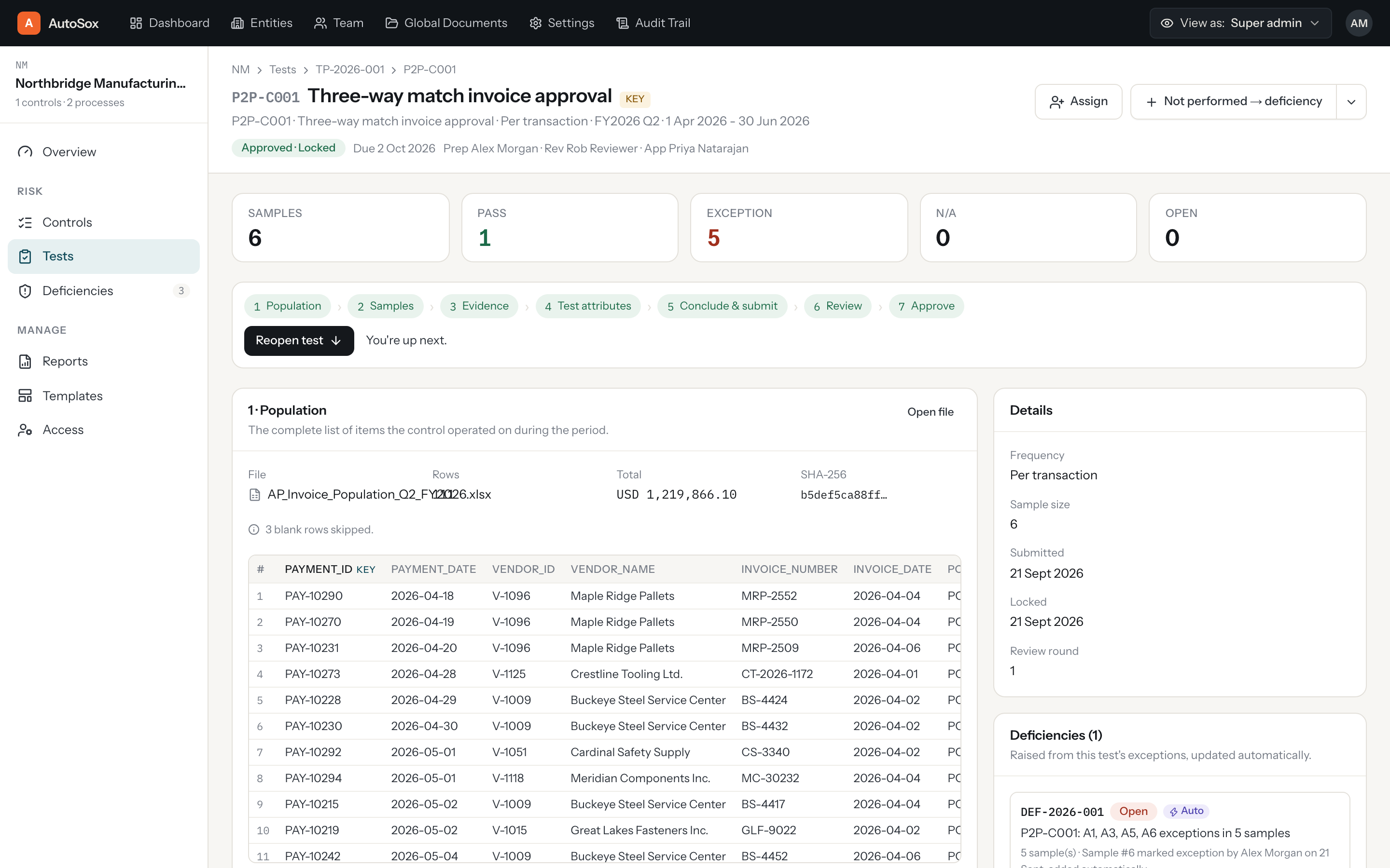 Test workspace with guided steps and uploaded population
