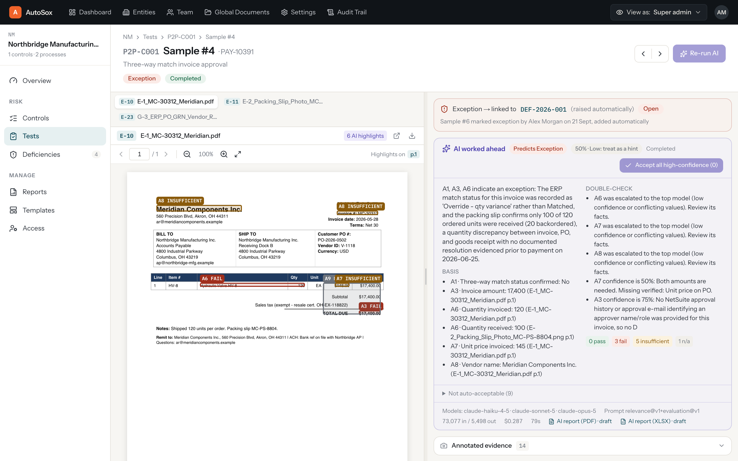 AI annotations on an invoice next to its verdict and cited basis