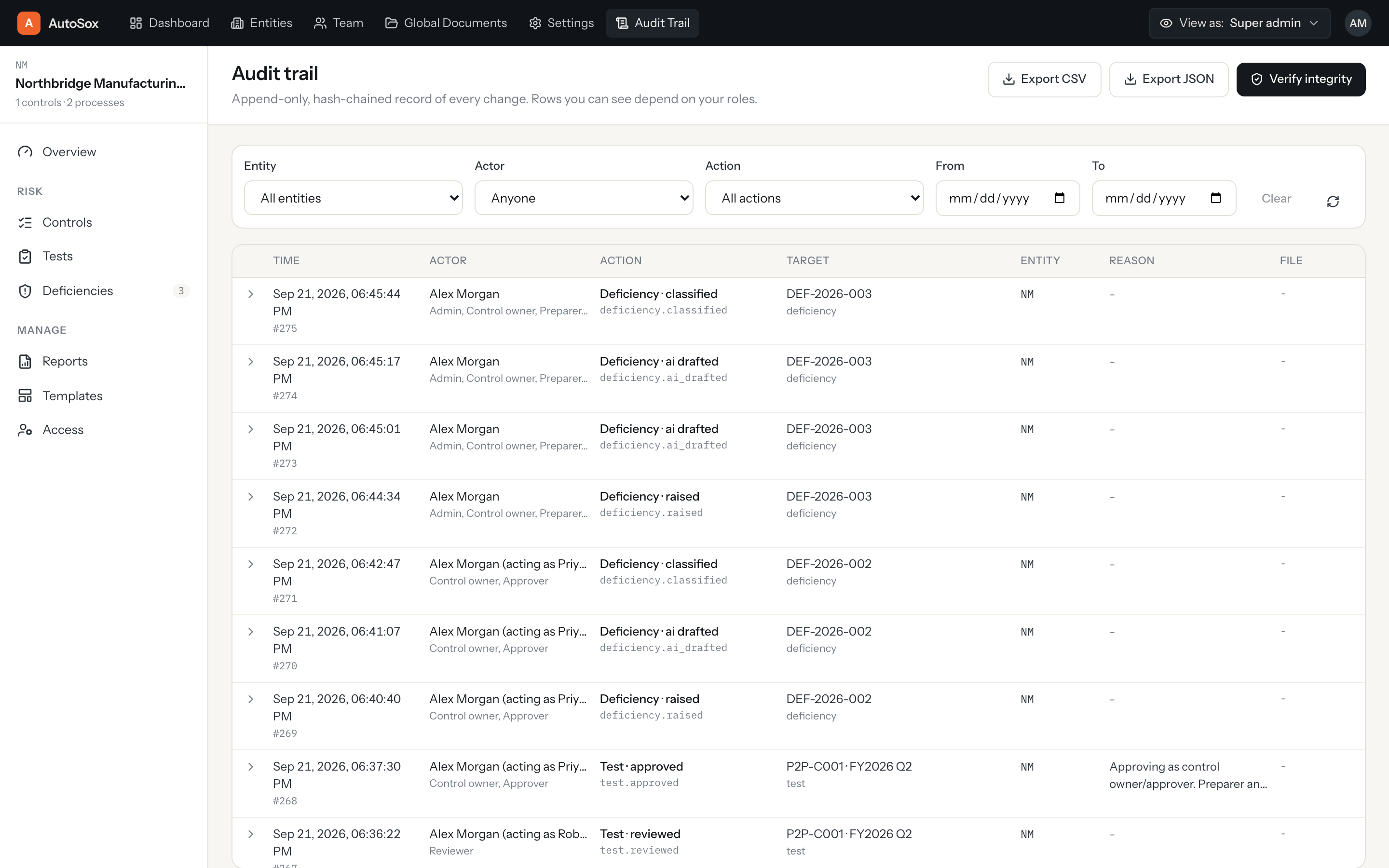 Audit trail with filters, exports and integrity verification