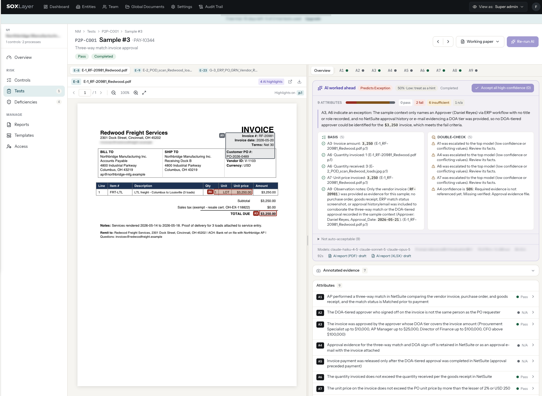 A sample in SOXLayer: the invoice with AI highlights next to the AI verdict on each attribute, with the quoted lines and pages it is based on
